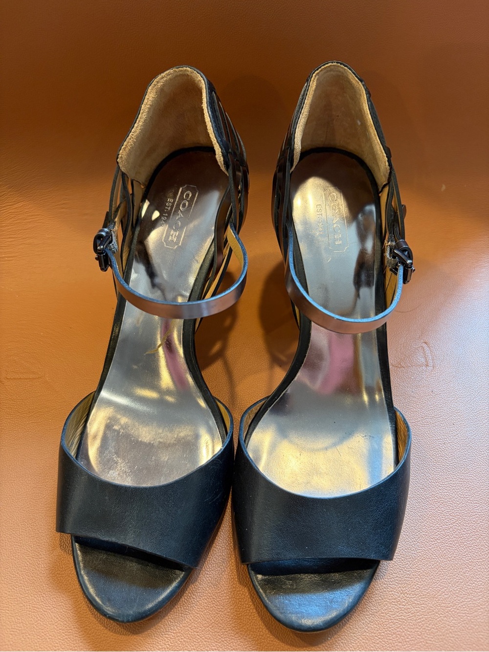 Coach Black Leather Open-Toe Ankle-Strap Heels